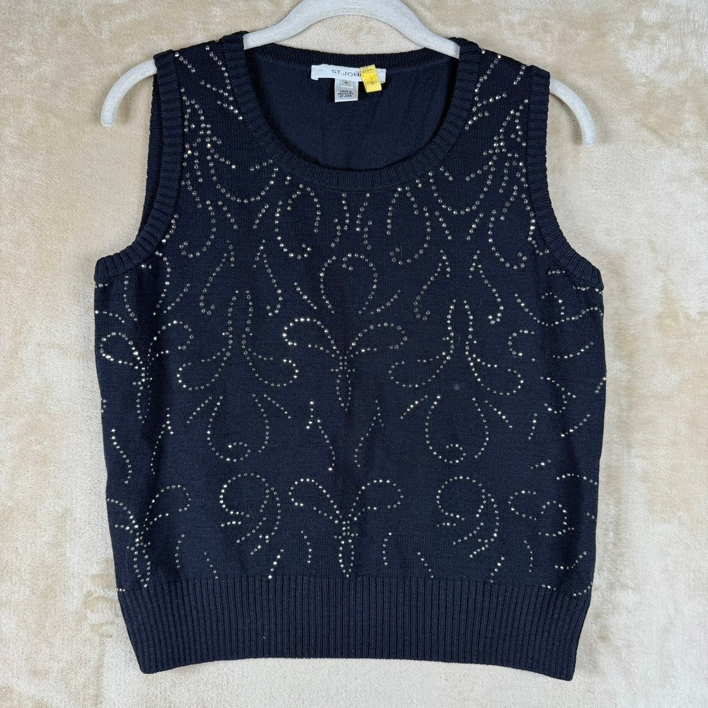 St. John Black Studded Wool Blend Sleeveless Knit Sweater Vest Top Medium